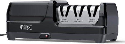 Yatoshi Electric Sharpener, 50-Watt, Diamond Abrasives and Precision Angle Guides, 20-Degree Straight-Edge and Serrated Knives, 3 Stage