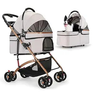 3-in-1 Foldable Pet Stroller for Small Dogs & Cats - Detachable Carrier, Car Safe Car Seat, Large Storage Basket (Grey)
