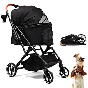 Pet Stroller for Small Medium Dogs Cats Up to 45 lbs, Travel Lite Collapsible, All Terrain 4 Wheels for Jogging, Running, Black