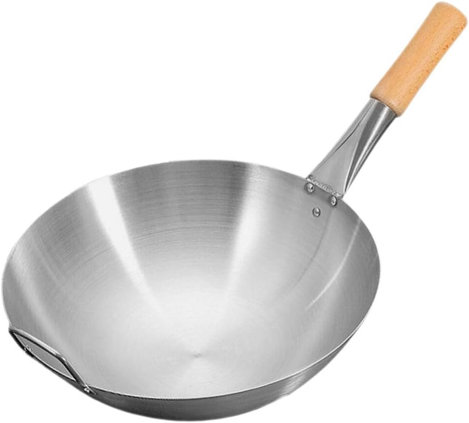 Hemoton Stainless Steel Wok, 13 Stir Fry Pans, Chinese Wok with Wooden and Steel Helper Handle for Induction, Electric, Gas, All Stoves (13 Inch, Round Bottom)