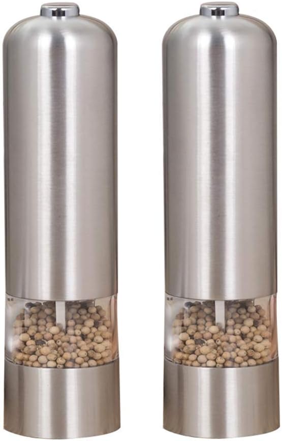 Professional Salt and Pepper Mills, Electric Grinder Set, Adjustable Coarseness, Illuminated Dispensing, Brushed Stainless Stee, Battery Powered, 2 Packs.
