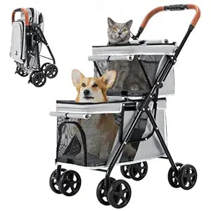 Double Pet Stroller for Dogs and Cats, One-Hand Folding Dog Stroller Travel Carriage for Small Medium Dogs Cats, 4 Wheels, Gray