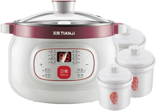 Small Electric Stew Pot, Multi-Purpose Ceramic Cooker for Soup, Desserts, Steaming, with Multiple Ceramic Liners, 1.8L+0.44L*3, DGD18-18CG