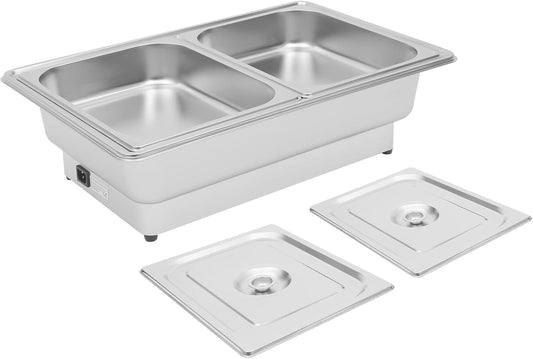 Electric Chafing Dish, 600W 9.5QT Buffet Server with Temperature Control 95-176°F, 2 Compartment Stainless Steel Food Warmer for Catering Party, Silver