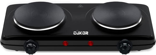 CUKOR Double Cast Iron 2 Burner, 1800W Countertop Burner, Dual Electric Stove Burners, Portable Double Burner for Cooking