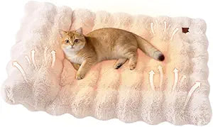 Plush Faux Fur Pet Bed Mat with Non-Slip Bottom, Self-Warming Cat Bed, Washable Pet Bed with Pillow for Cats & Medium Dogs, Machine Washable, 27x20 Inch, White
