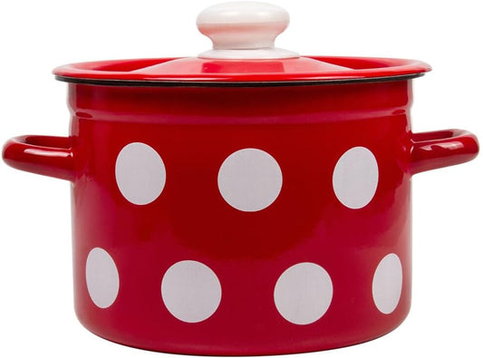 HOMEHUT Red White Polka-Dot Cylindrical Enamel Pot 4.5L – Durable Enamel Coating Steel Saucepan with Stainless Steel Handle – Healthy Hypoallergenic Nonstick Pot – Electric & Induction Safe Cookware