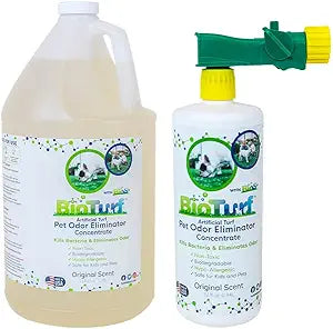 BioTurf BioS+ Odor Eliminator Concentrate Kit â€“ Artificial Turf Cleaner for Dog Urine & Feces â€“ Outdoor Yard Deodorizer Enzyme â€“ Includes 1 Gallon, 32oz Spray Bottle & Hose Attachment