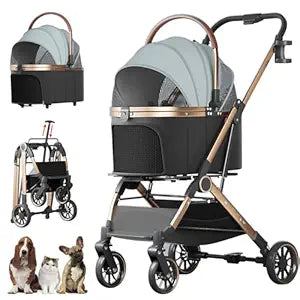 4 Wheels Pet Stroller for Small Medium Dogs Cats Up to 45 lbs Folding Dog Stroller with Detachable Breathable Carrier Suitable for Car Seat, Hand Carry & Travel, All Terrain, 3 in 1 Multifunctional