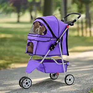 3 Wheels Dog Stroller, Foldable Pet Stroller for Small Medium Dogs, Portable Breathable Cat Stroller Dog Strollers with Storage Basket, Cup Holders, Removable Liner for Travel & Outdoor Use, Purple