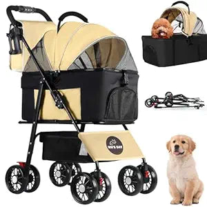 3 in 1 Pet Dog Stroller for Small Medium Dogs 10-50 lbs, Foldable Cat-Strollers for 2-Cats with Removable Carrier, Pet-Strollers for Cats with Storage Bag, Small Puppy-Stroller, Dog-Cart (Brown)