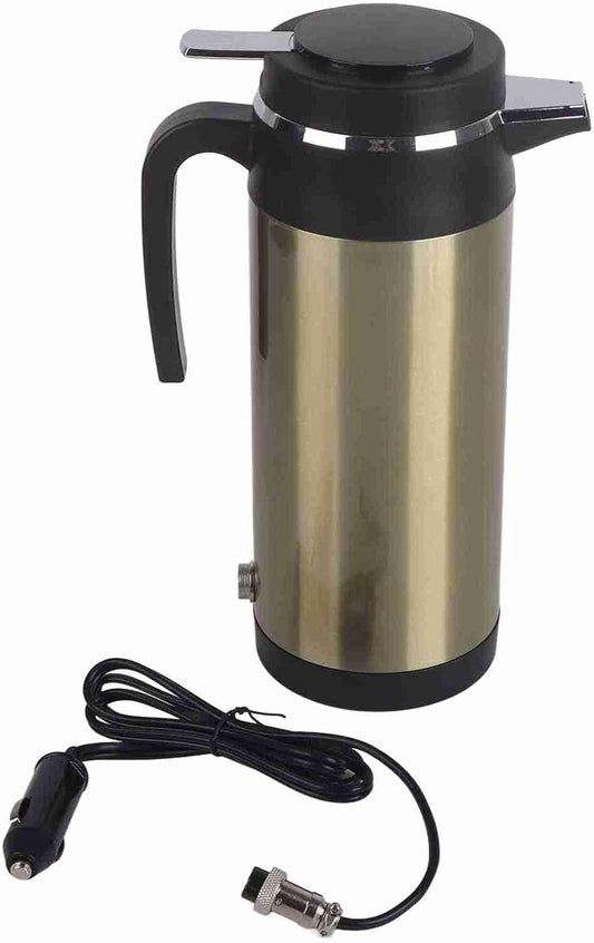 Qiilu Car Kettle 24V 1200ML Electric Car Kettle Travel Heater Water Bottle Large Capacity Tea Coffee Milk Car Boiler for Camping Boat Heated Travel Mug (Gold 24V)