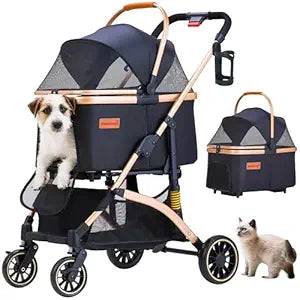 Pet Stroller for Small Dogs, Lightweight Small Dog Stroller for Dogs Cats with 6 Shock Absorption System, Detachable Carrier Suitable for Car Seat & Hand Carry, Safe Outings, Black