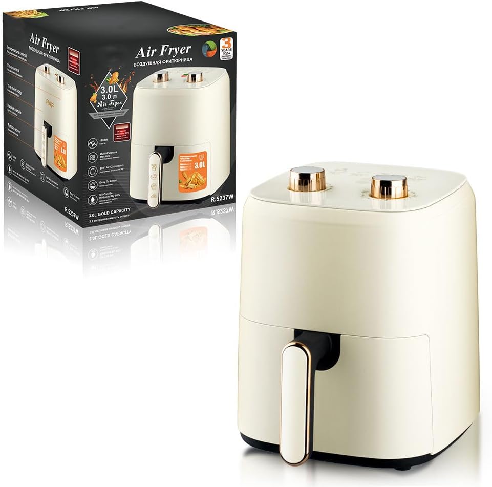 3.0L Air Fryer Oven, Push Button Control, Single Basket, 1300W Multi-Purpose Electric Appliance, White with Gold Accents