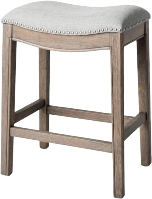 Maven Lane Adrien Backless Counter Stool \u2013 26 Inches \u2013 Saddle Stool with Footrest \u2013 Grey Solid Wood Frame & Grey Fabric Upholstery \u2013 Perfect for Kitchen Islands & Counters