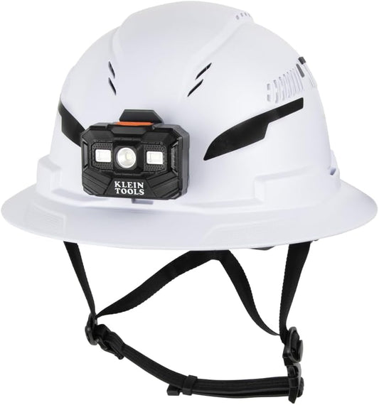 Klein Tools 60407T2RL Type 2 Hard Hat, Vented Full Brim, Class C, 6-Point Suspension with Accessory Mounts, Washable Padding, and Rechargeable Headlamp