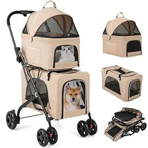 Giantex Double Dog Stroller for 2 Dogs, Detachable Carriers, Safety Belt, 4 Lockable Wheels, Pet Travel Carrier Strolling Cart, Folding Cat Stroller for Small Medium Pets Dogs (Beige)
