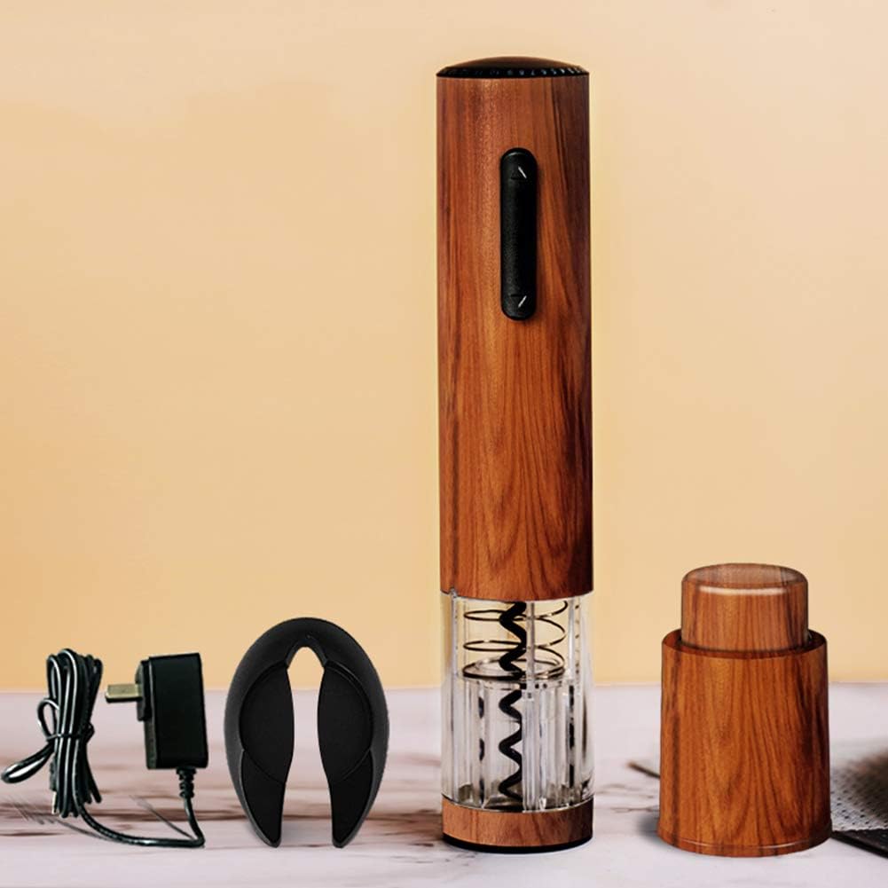 Electric Wine Corkscrew Set, Wood Grain Pattern, Simple Rechargeable, Durable, Corkscrew Fully Automatic Combination Set (3-Piece Set)