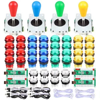 Fosiya 4 Player LED Arcade Kit Ellipse Oval Style Joystick USB Encoder to PC Games DIY Controllers Bat Joystick 4 Colors LED Arcade Buttons for All Windows PC MAME Raspberry Pi