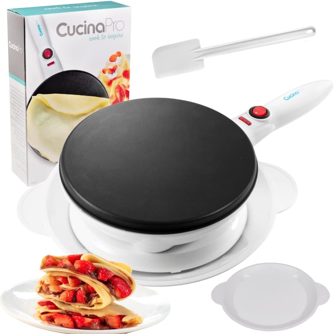 CucinaPro Cordless Crepe Maker- Valentine Breakfast Essential w FREE Recipe Guide, NonStick Dipping Plate, Electric Base, Batter Spatula- Portable Hot Plate Compact Baker, Morning Dessert Gift for Her