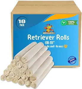 Brazilian Pet Premium Retriever Rolls 10-11 inch (18 Pack)-100% Natural Single Sheet Rawhide