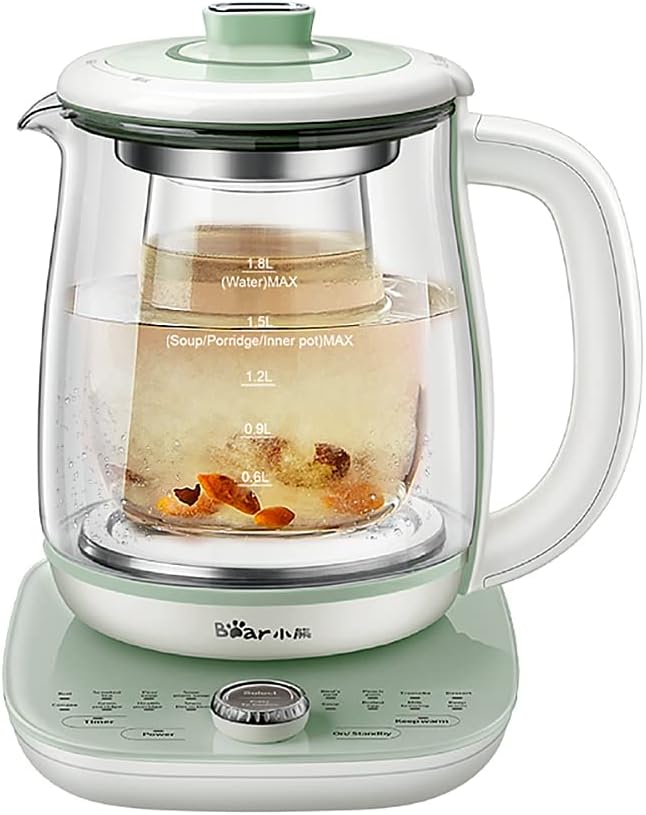 Bear YSH-C18S2 Health Pot, Electric Kettle Tea Maker with Infuser, Glass Kettle & Stew Pot, 16 Menus 1.8L 120V, Green