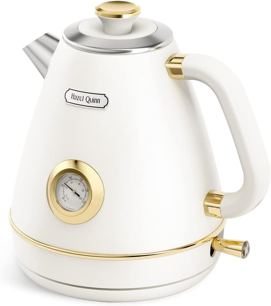 Hazel Quinn Retro Electric Kettle - 1.7 Liters \/ 57.5 Ounces Tea Kettle with Thermometer, All Stainless Steel, 1200 Watts Fast Boiling, BPA-free, Cordless, Automatic Shut Off - Pearl White