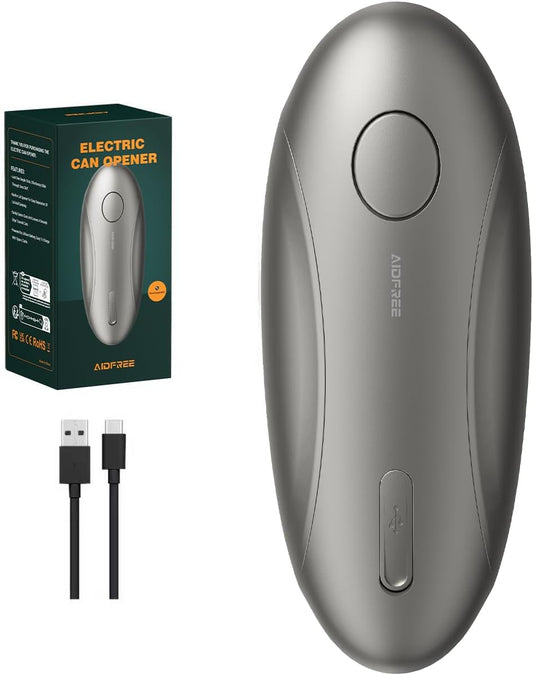 AidFree Automatic Electric Can Opener for Seniors for Kitchen:Anyone can Hands Free,One Touch Opener,Durable Blades,Rechargeable, Smooth Edge, Lightweight Small Size, Silver