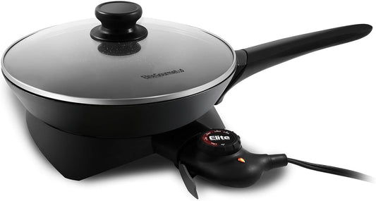 Elite Gourmet Round Electric Skillet with Lid and Handle Aluminum,Glass,Plastic,Steel Black