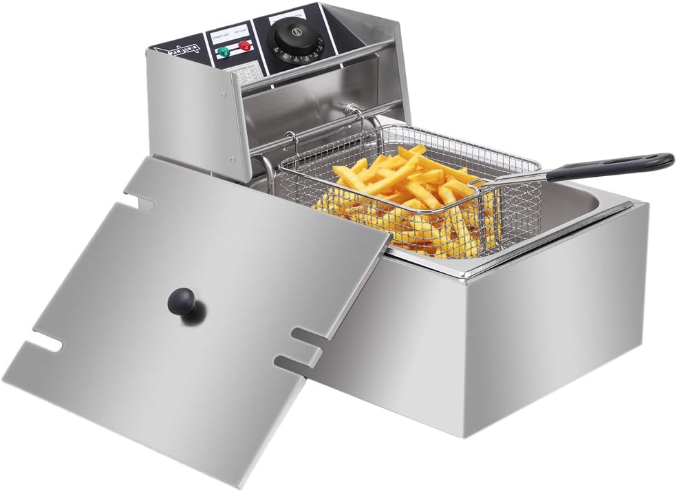 11.4QT/10.8L Electric Deep Fryer with Basket and Lid, 2500W Electric Fryer, Countertop Oil Fryer for French Fries, Onion Rings, Donuts, Temperature Adjustable 140-392℉, Stainless Steel Single Tank