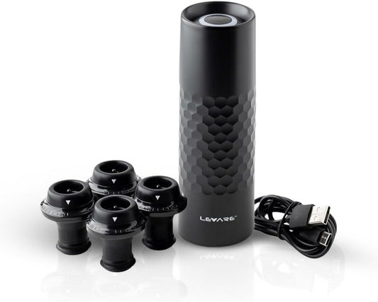 Levare - Rechargeable Wine Saver Vacuum Pump Sealer, Automatic Preserver with USB-C Charger & 4 Universal Bottle Stopper Plugs, Cordless Air Remover to Prolong Freshness, Ideal Gift for Wine Lovers