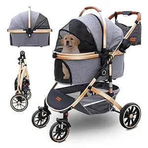 Pettingzoo Dog stroller with 4 Wheels, Folding Cat Stroller for Small/Medium/Large dogs & cats to 60 lbs, pet stroller with removable carrier, Storage BasketCup Holder,3 in1 Multifunctional Detachable