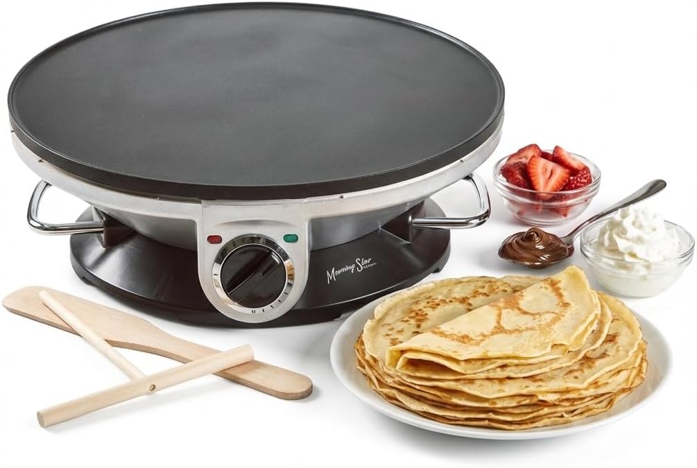 Morning Star 13" Electric Crepe Maker, Nonstick Pancake Griddle, Adjustable Temperature Control with LED Indicator Lights, Includes Spatula & Batter Spreader, Quick Cleanup, Stainless Steel