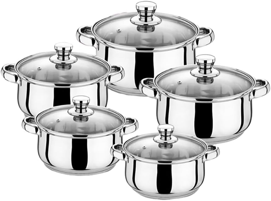Nonstick Kitchen Cookware Sets, Stainless Steel Cookware Pot, Stainless Steel Cooking Pot Set with Glass Lids for Gas Electric Halogen Ceramic Induction Hobs