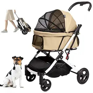 Pet Stroller for Medium Small Dog & Cat, Foldable Lightweight Dog Stroller with Storage Basket Pet Travel Carriage with Safety Leashes, 4 Wheel, Khaki
