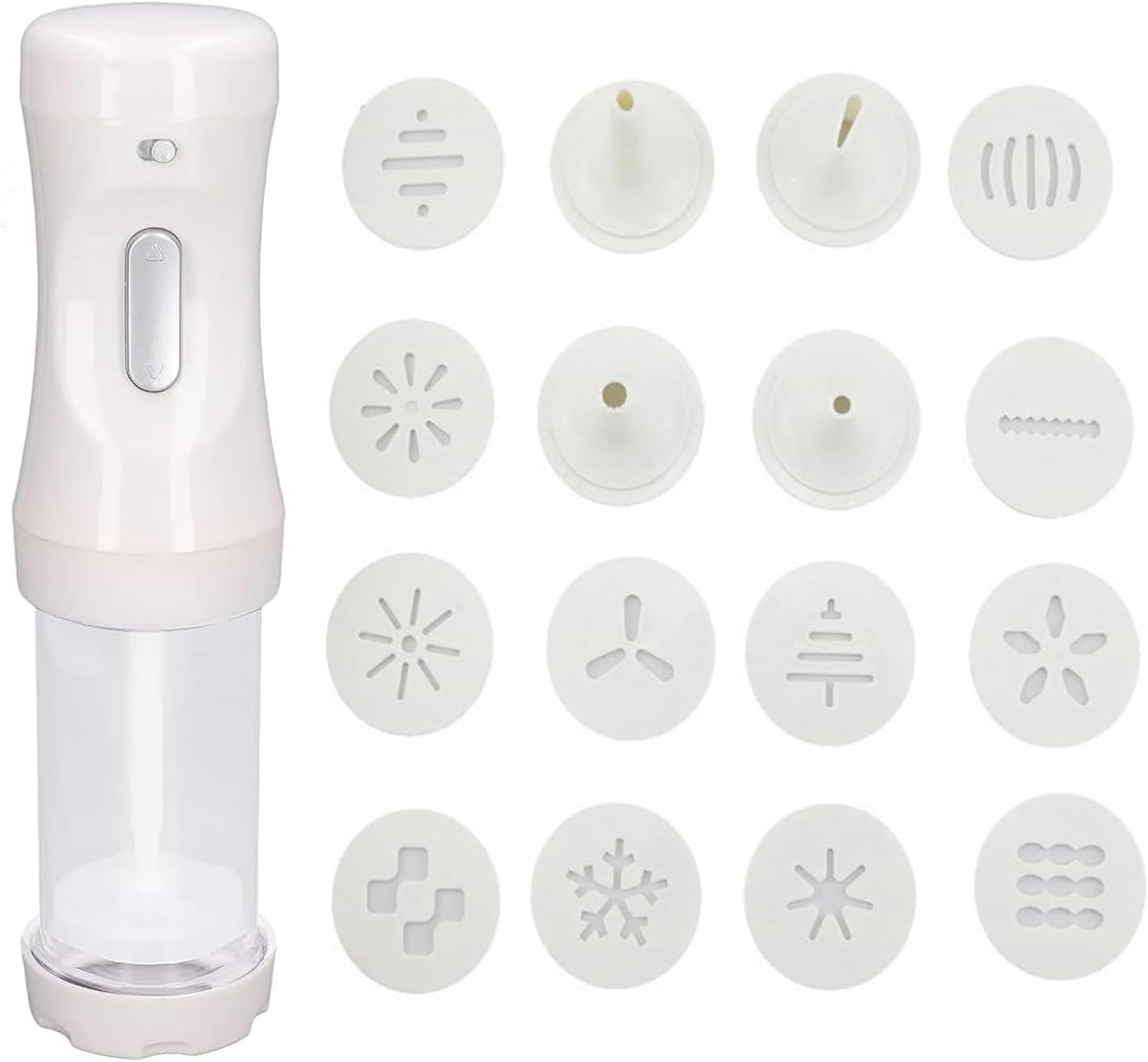 Electric Cookie Press squeezer,White Barrel Electric Decorating Tool with 12 Molds and 4 Decorating Nozzles for Cake Dessert DIY Maker and Decoration Baking Supplies