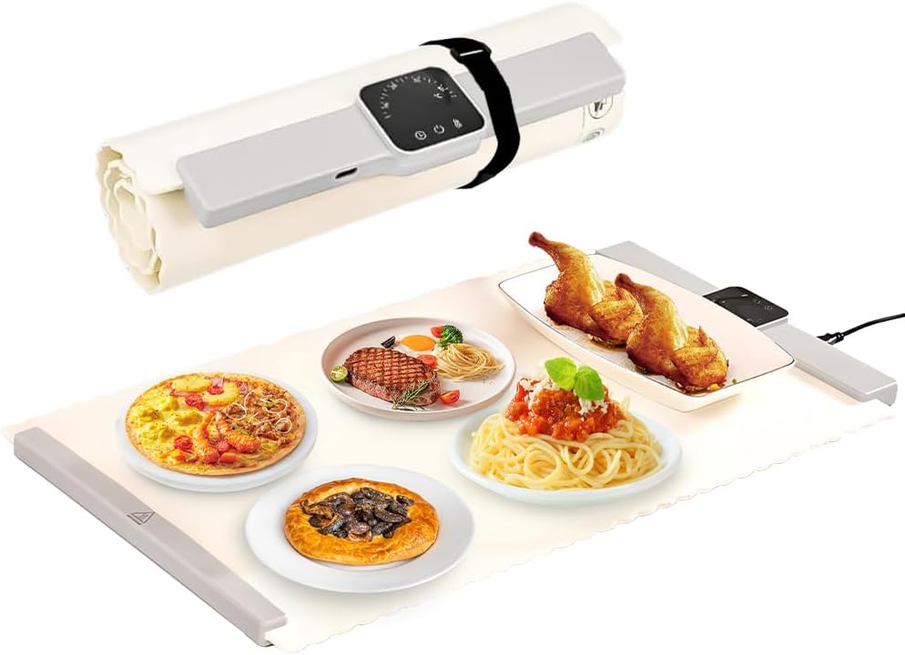 DUEBEL Food Warming Tray, 26” x 15.4” Electric Warming Mat, Foldable Food Warmer for Parties Features Fast Heating & Timing, Hot Plate for Buffet, Family Gatherings, Sabbath, Holidays, Countertop