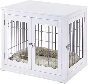 unipaws Furniture Style White Dog Crate for Medium Large Dogs, Indoor Aesthetic Dog Stuff Kennel, Modern Decorative Wood Wire Pet House Dog Cage, Pretty Cute End Side Table Nightstandâ€¦