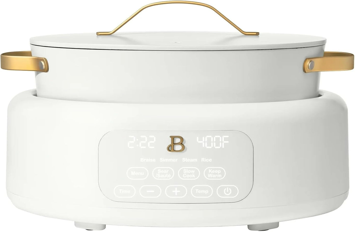 Beautiful 10-in-1 Electric Multi-Cooker, 6-quart, digital display, 10 cooking functions, non-stick pot, easy one-touch control (White Icing)