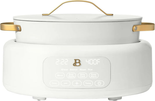 Beautiful 10-in-1 Electric Multi-Cooker, 6-quart, digital display, 10 cooking functions, non-stick pot, easy one-touch control (White Icing)