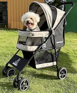 ROODO 4 Wheel Dog Cat Pet Stroller Best Lightweight Foldable Compact Portable Jogger All Terrain Travel Pet Gear Puppy Doggie Bunny Kitty Stroller for up to 30lbs Medium Small Dogs Cats(Light Khaki)