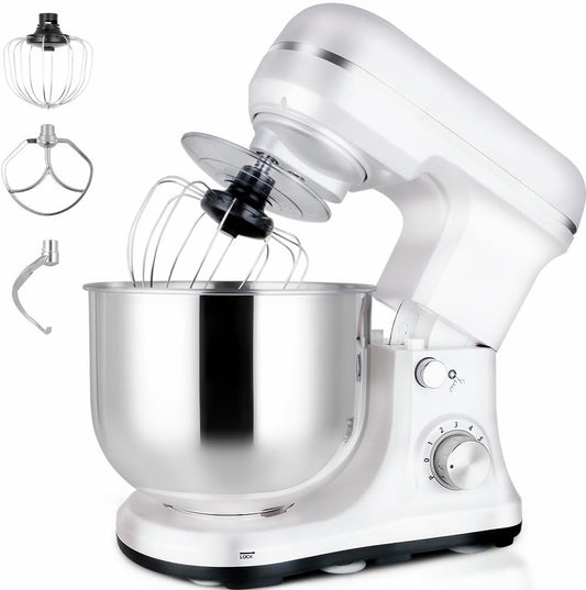 MURENKING Stand Mixer 5-QT, 6+P Speed Tilt-Head Food Mixer 300W Dough Mixer with Stainless Steel Bowl,Dough Hook,Flat Beater&Whisk Electric Kitchen Mixer for Household Baking, Anti-Slip(Pearl White)