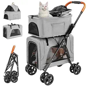 Double Pet Stroller with Detachable Carrier for Medium Small Dogs and Cats, Lightweight Dog Stroller Travel Carriage with No-Zip Canopy Storage Basket One-Click Folding and One-Foot Brake