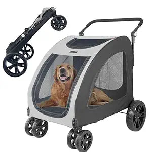 Extra Large Dog Stroller for Medium & Large Pets - Foldable Design, Adjustable Handle, Up to 130 lbs(Grey)