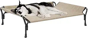 Veehoo Cooling Elevated Dog Bed, Raised Pet Cot with Guardrail & Slope Headrest, Durable Breathable Teslin Mesh, Non-Slip Feet, Washable Dog Couch Bed for Indoor & Outdoor, 47" x 32", Beige Coffee