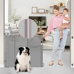 56" Wide Retractable Baby Gates for Stairs with Reinforced Strip, Baby Gate Retractable Pet Gate for Stairs to Prevent Crawling Through, Retractable Gates for Kids or Pets, Mesh Dog Gate Indoor, Gray