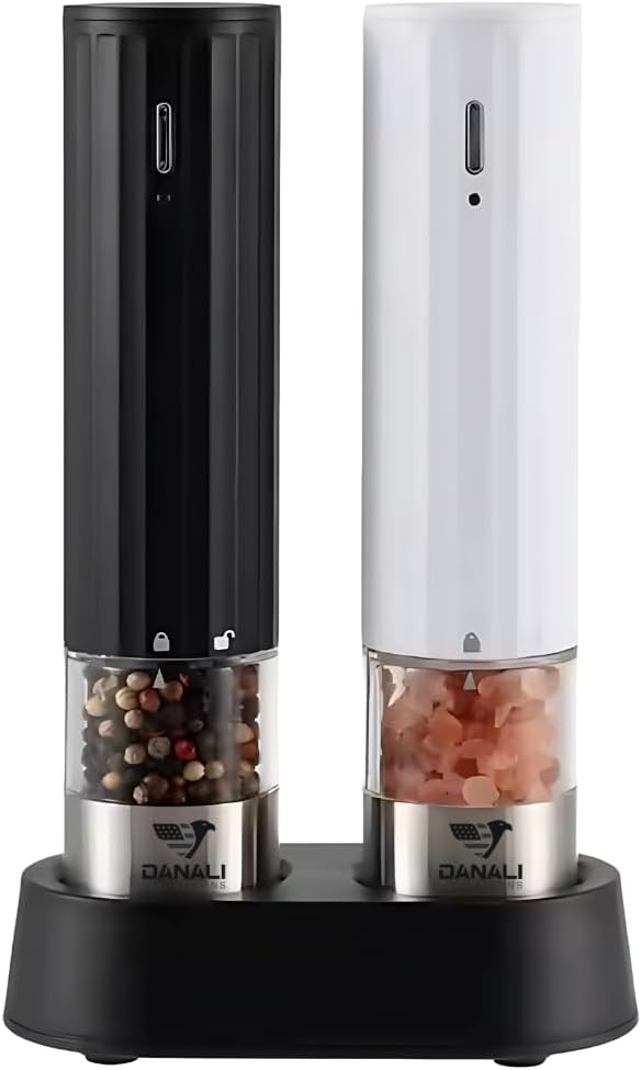 Electric Salt and Pepper Grinder Set with Stand, Rechargeable Automatic One-Handed Grinder, Adjustable Coarseness, LED Light, USB-C Charging, ABS & Stainless Steel.