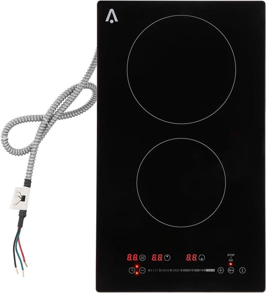 11.6" Electric Cooktop - 3000W Dual Burner Ceramic Glass Stovetop w\/Child Safety Lock & Overheat Protection, 240V Hardwired, Fast Heating for All Cookware