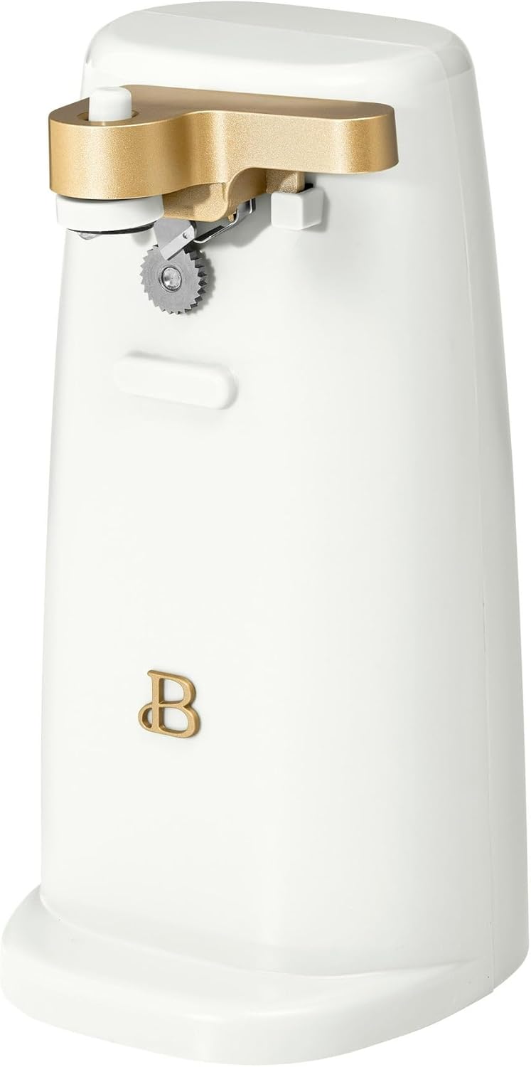 Beautiful Easy-Prep Electric Can Opener by Drew Barrymore \u2013 One-Touch Auto Operation, Knife Sharpener, Bottle Opener, Stainless Steel Blade, No-Tilt Design, Powerful 70-Watts Motor (White Icing)