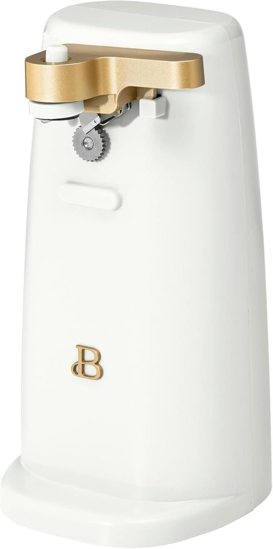 Beautiful Easy-Prep Electric Can Opener by Drew Barrymore \u2013 One-Touch Auto Operation, Knife Sharpener, Bottle Opener, Stainless Steel Blade, No-Tilt Design, Powerful 70-Watts Motor (White Icing)